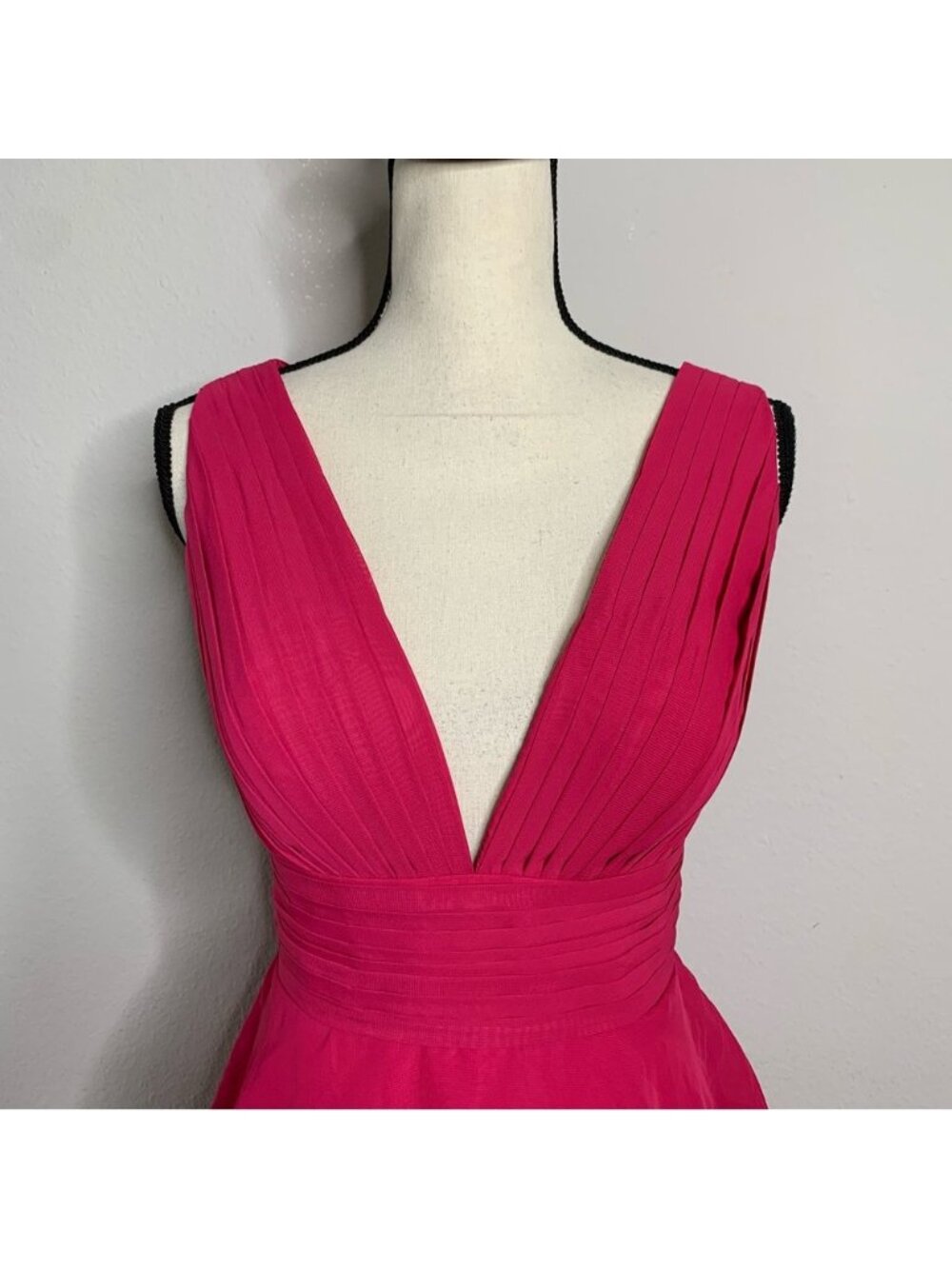 Fuchsia Pink Plunging V-Neck Tiered Chiffon Maxi Gown Sleeveless Formal Dress - Picture 7 of 14